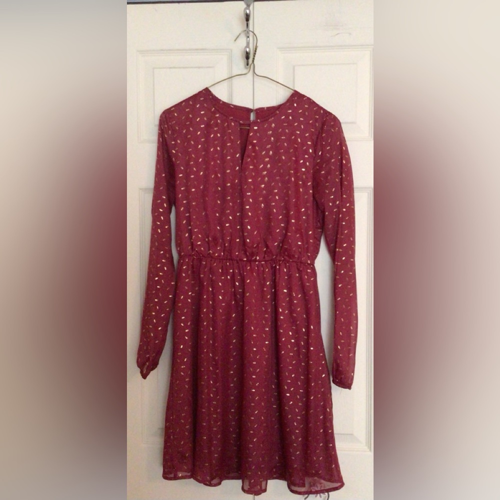 Allegra K Maroon Long Sleeve Patterned Dress